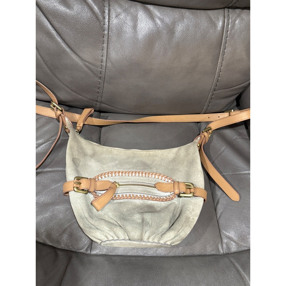 Holding Horses Anthropologie Grey Suede Leather Braided Crossbody Hobo 8" x 11"